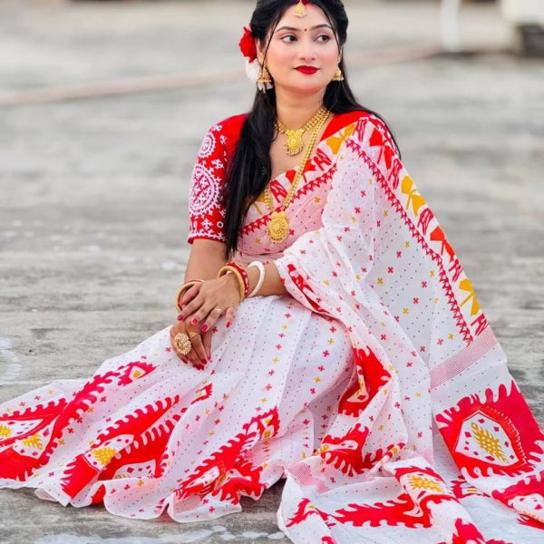 Half silk block print sharee